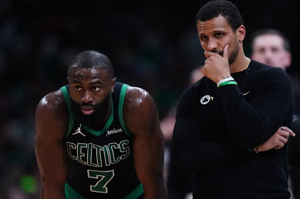 Boston Celtics head coach Joe Mazzulla talks with guard Jaylen Brown (7) from the sideline as they take on the Orlando Magic during game five of first round for the 2025 NBA Playoffs at TD Garden. Mandatory Credit: David Butler II-Imagn Images