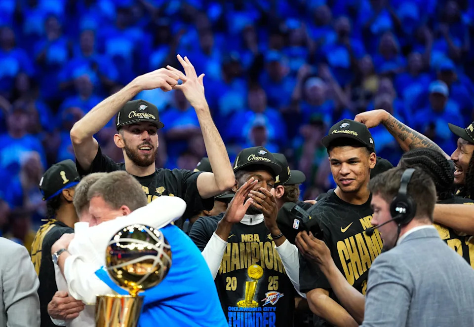 Jun 22, 2025; Oklahoma City, Oklahoma, USA; Oklahoma City Thunder forward Chet Holmgren (7) gestures to his finger after winning game seven of the 2025 NBA Finals against the Indiana Pacers at Paycom Center. Mandatory Credit: Kyle Terada-Imagn Images