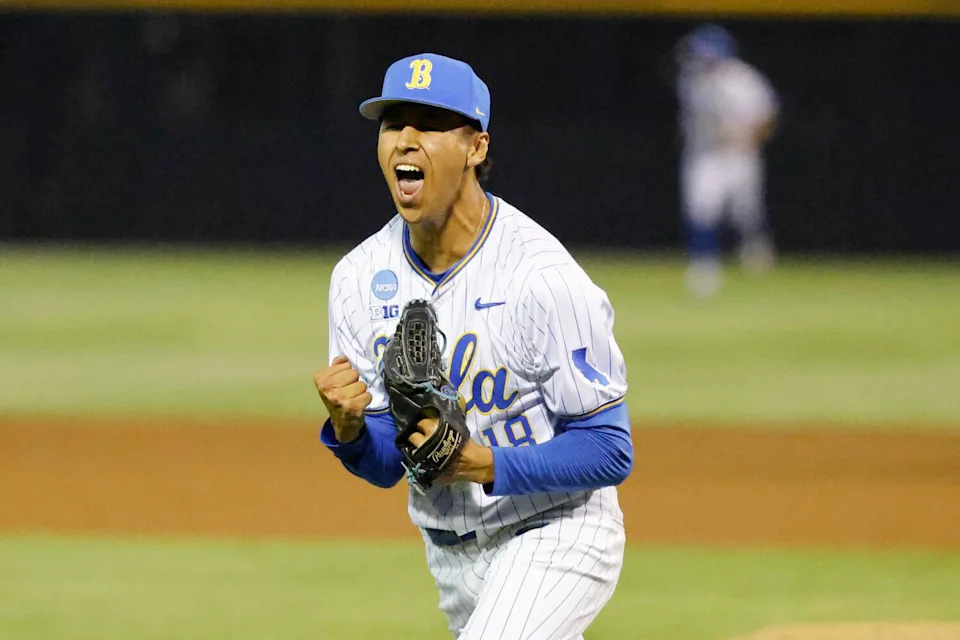 UCLA pitcher Wylan Moss celebrates after an out against UC Irvine on Sunday night.
