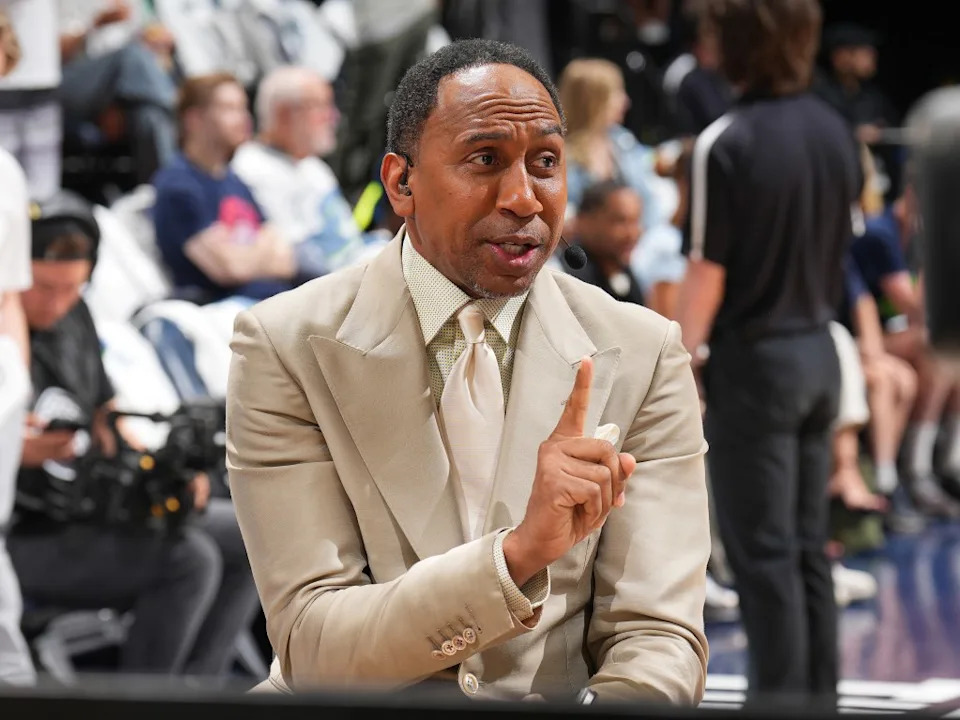 Stephen A. Smith reports from the sideline during Game 4 of the 2025 NBA Western Conference finals on May 26, 2025 at Target Center in Minneapolis, Minnesota. NBAE via Getty Images
