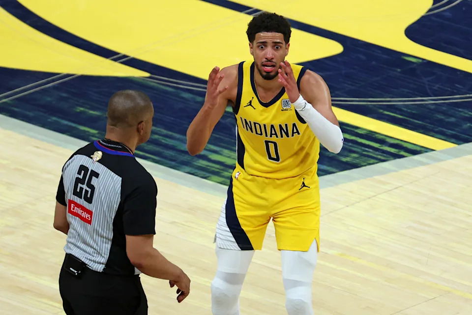 Indiana Pacers guard Tyrese Haliburton (0) reacts to a play during Game 3 of the 2025 NBA Finals.Mandatory Credit: Trevor Ruszkowski-Imagn Images