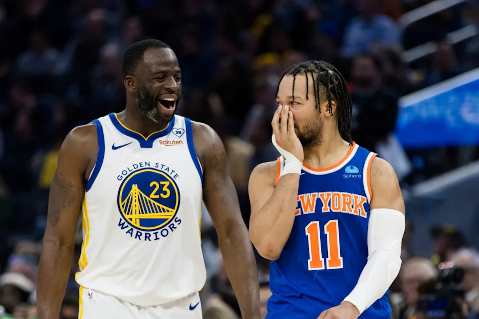 Golden State Warriors center Draymond Green (23) and New York Knicks guard Jalen Brunson (11) share a laugh during the first half at Chase Center. © John Hefti-USA TODAY Sports
