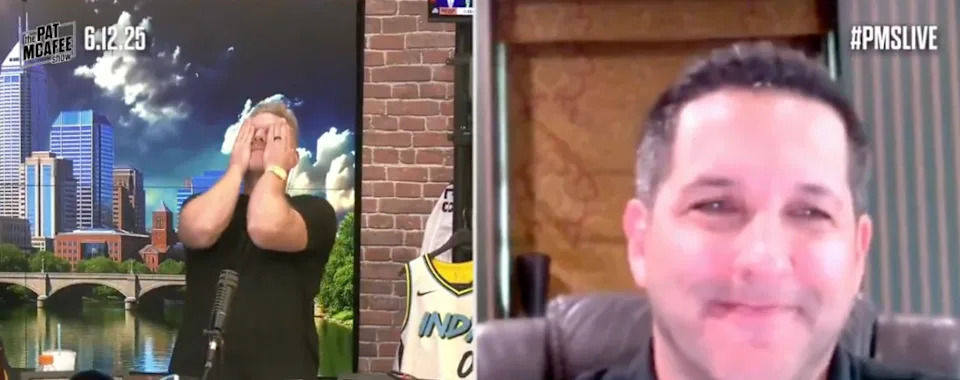 Pat McAfee reacts to Adam Schefter’s humorous entrance to the show. The Pat McAfee Show