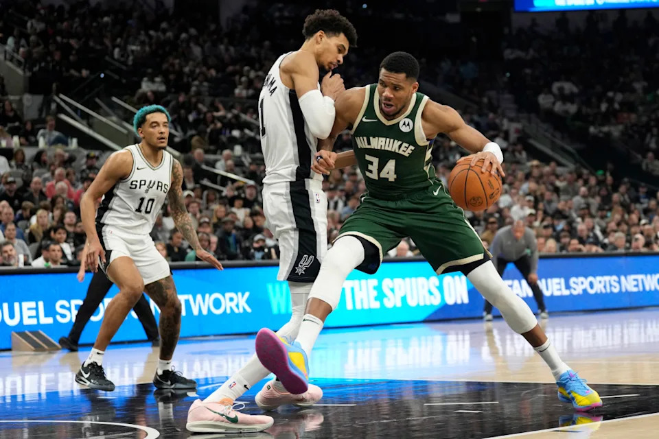 Milwaukee Bucks forward Giannis Antetokounmpo drives to the basket against San Antonio Spurs center Victor Wembanyama during the second half at Frost Bank Center.Scott Wachter-Imagn Images