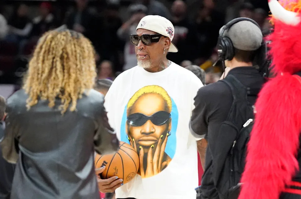 Dennis Rodman takes in a Bulls game in 2023 at the United Center. © David Banks-Imagn Images
