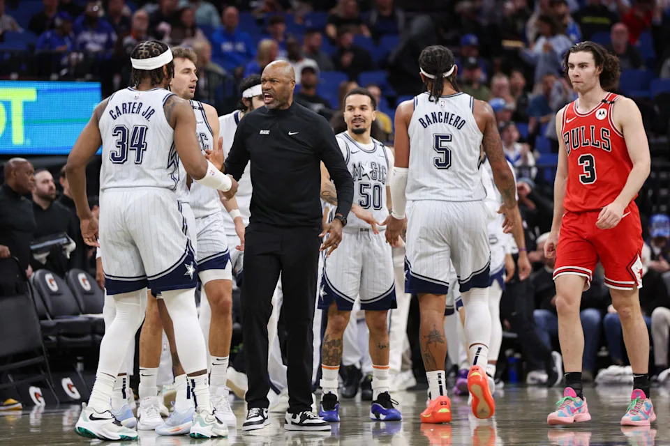 Orlando Magic head coach Jamahl Mosley reacts during a timeout against the Chicago Bulls in the third quarter at Kia Center.Nathan Ray Seebeck-Imagn Images