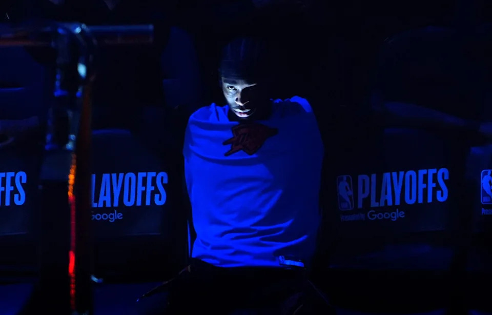 Oklahoma City's Shai Gilgeous-Alexander (2) waits to be introduced during the second half of Game 2 of the NBA playoff series between the Oklahoma City Thunder and the Denver Nuggets at Paycom Center in Oklahoma City, Wednesday, May, 7, 2025.