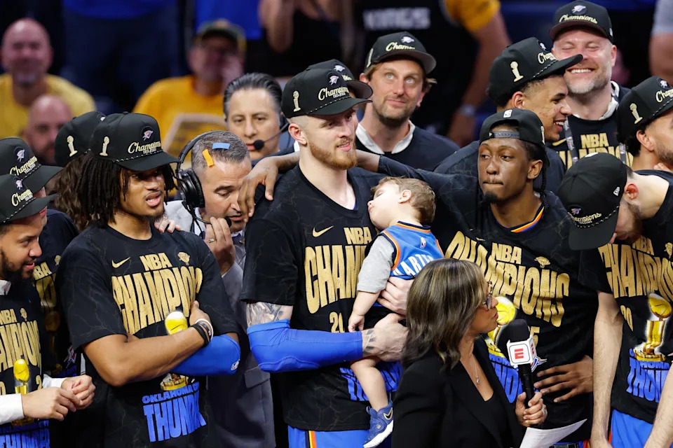 Jun 22, 2025; Oklahoma City, Oklahoma, USA; Oklahoma City Thunder center Isaiah Hartenstein (55) celebrates after winning game seven of the 2025 NBA Finals against the Indiana Pacers at Paycom Center. Mandatory Credit: Alonzo Adams-Imagn Images