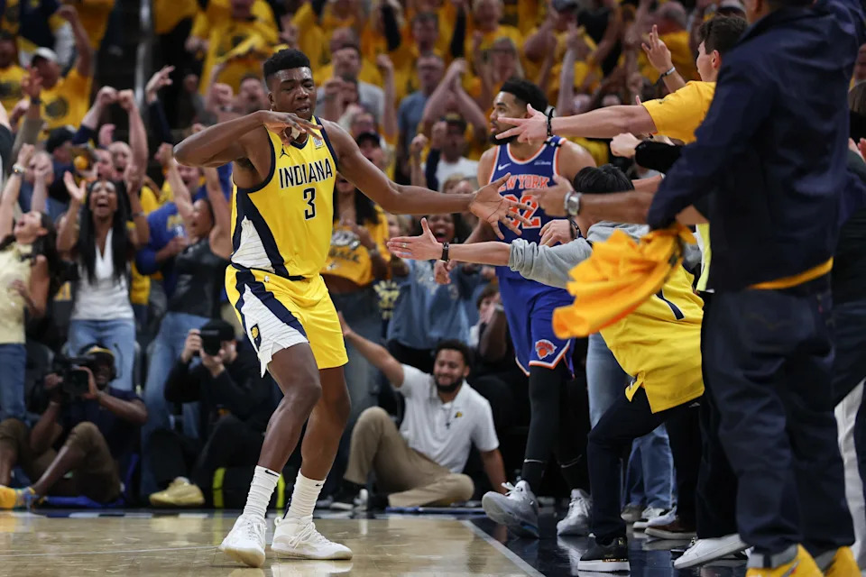 Game 6: The Indiana Pacers' Thomas Bryant celebrates after 3-point basket against the New York Knicks.