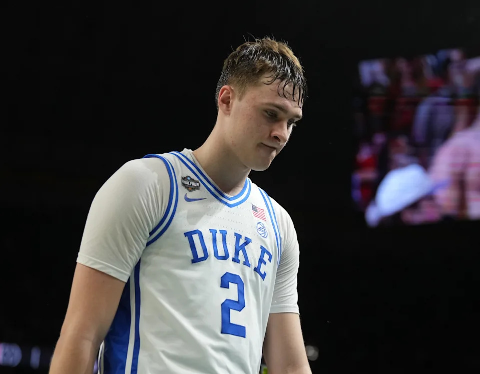Duke Blue Devils forward Cooper Flagg walks off the court after losing to the Houston Cougars in the semifinals of the men's Final Four of the 2025 NCAA Tournament at the Alamodome.