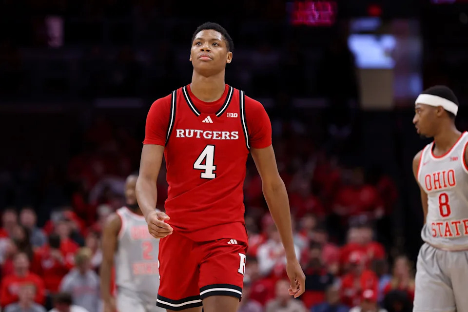 Dec 7, 2024; Columbus, Ohio, USA; Rutgers Scarlet Knights guard Ace Bailey (4) looks on as time winds down during the second half against the Ohio State Buckeyes at Value City Arena. Mandatory Credit: Joseph Maiorana-Imagn Images