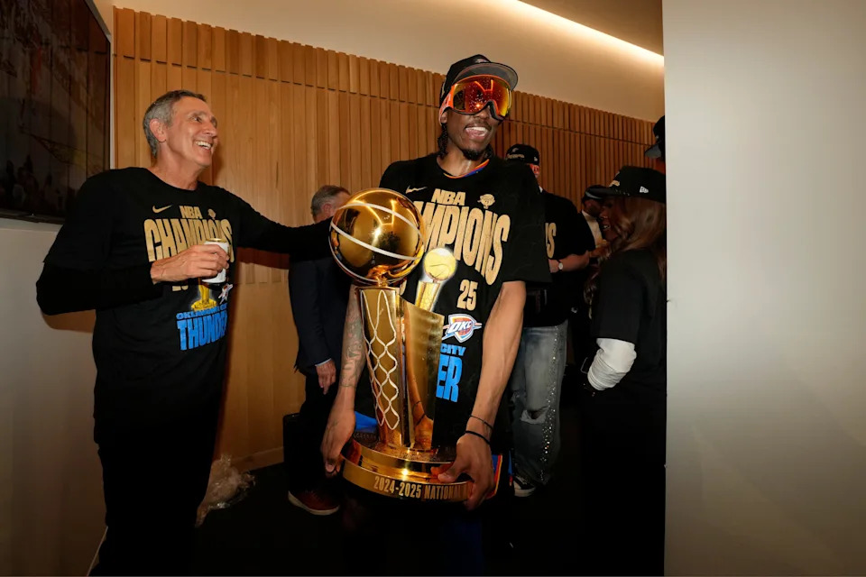 Jun 22, 2025; Oklahoma City, Oklahoma, USA; Oklahoma City Thunder forward Jalen Williams (8) celebrates after winning game seven of the 2025 NBA Finals against the Indiana Pacers at Paycom Center. Mandatory Credit: Kyle Terada-Imagn Images