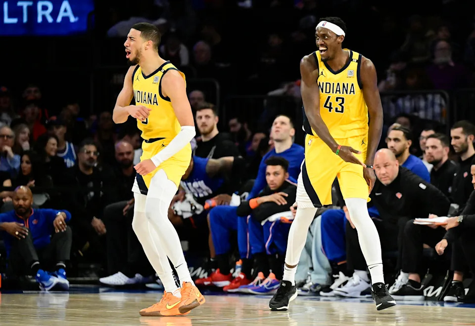 NEW YORK, NEW YORK - FEBRUARY 10: Tyrese Haliburton #0 and Pascal Siakam #43 of the Indiana Pacers celebrate a basket against the New York Knicks during the second half at Madison Square Garden on February 10, 2024 in New York City. NOTE TO USER: User expressly acknowledges and agrees that, by downloading and or using this photograph, User is consenting to the terms and conditions of the Getty Images License Agreement. (Photo by Steven Ryan/Getty Images)