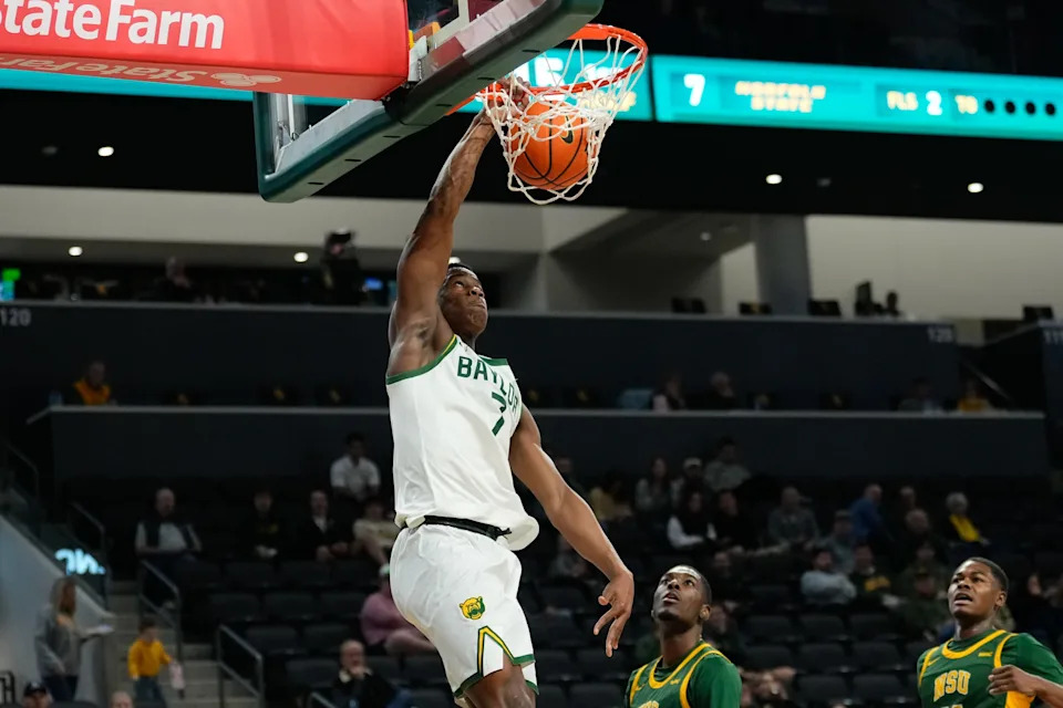 Dec 11, 2024; Waco, Texas, USA; Baylor Bears guard VJ Edgecombe (7) dunks the ball against the Norfolk State Spartans during the first half at Paul and Alejandra Foster Pavilion. Mandatory Credit: Chris Jones-Imagn Images