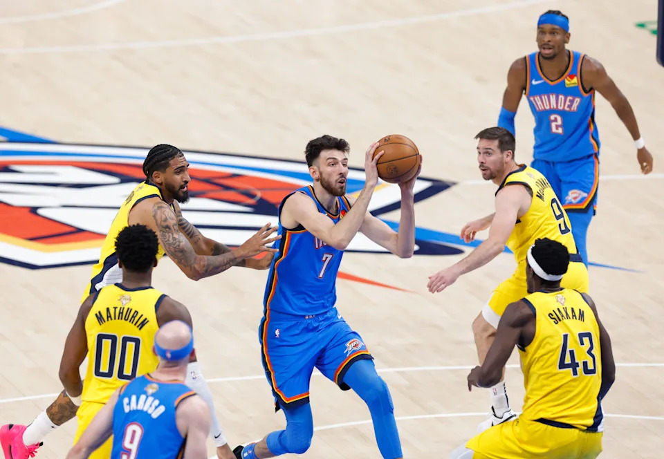Jun 22, 2025; Oklahoma City, Oklahoma, USA; Oklahoma City Thunder forward Chet Holmgren (7) drives to the basket against Indiana Pacers forward Pascal Siakam (43) during the first half of game seven of the 2025 NBA Finals at Paycom Center. Mandatory Credit: Alonzo Adams-Imagn Images