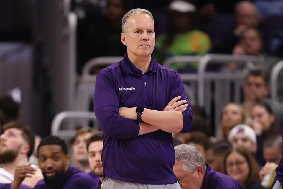 EVANSTON, ILLINOIS - JANUARY 29: Head coach Chris Collins of the Northwestern Wildcats reacts against the Rutgers Scarlet Knights during the second half at Welsh-Ryan Arena on January 29, 2025 in Evanston, Illinois. (Photo by Michael Reaves/Getty Images)