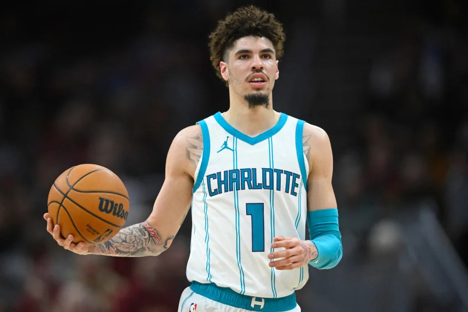 Hornets guard LaMelo Ball brings the ball up court in the second quarter against the Cavaliers, Jan. 5, 2025, in Cleveland.