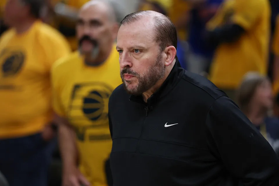 New York Knicks head coach Tom Thibodeau looks on prior to game six of the eastern conference finals against the Indiana Pacers for the 2025 NBA Playoffs at Gainbridge Fieldhouse. Mandatory Credit: Trevor Ruszkowski-Imagn Images