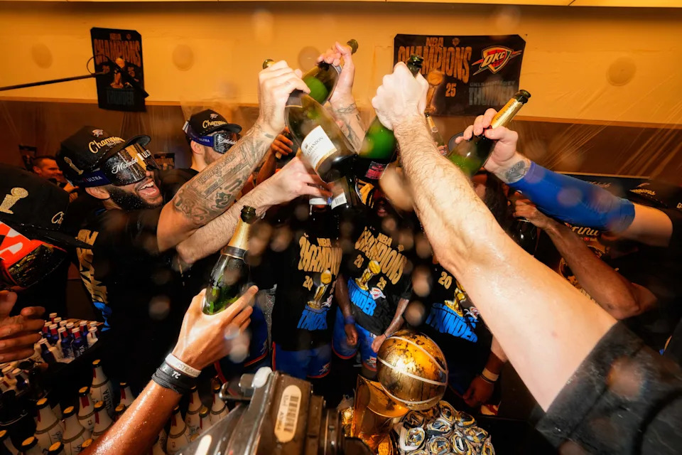 Jun 22, 2025; Oklahoma City, Oklahoma, USA; The Oklahoma City Thunder celebrate after winning game seven of the 2025 NBA Finals against the Indiana Pacers at Paycom Center. Mandatory Credit: Kyle Terada-Imagn Images