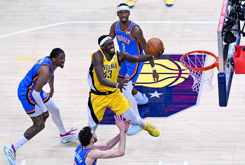 INDIANAPOLIS, INDIANA - JUNE 19: Pascal Siakam (43) of Indiana Pacers in action against Shai Gilgeous-Alexander (2) of Thunder during NBA Finals game 6 between Indiana Pacers and Oklahoma City Thunder at Gainbridge Fieldhouse on June 19, 2025 in Indianapolis, Indiana, United States. (Photo by Tayfun Coskun/Anadolu via Getty Images)