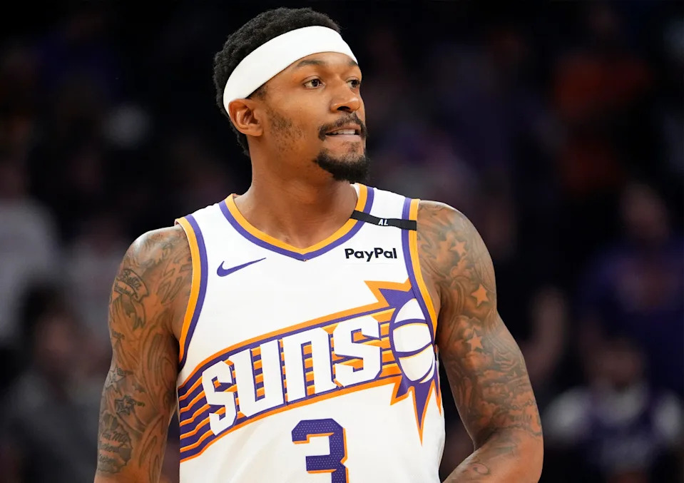 Phoenix Suns guard Bradley Beal against the San Antonio Spurs in the first half at PHX Arena on April 11, 2025, in Phoenix.