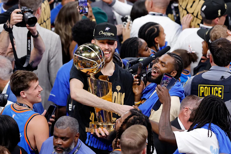 Jun 22, 2025; Oklahoma City, Oklahoma, USA; Oklahoma City Thunder forward Chet Holmgren (7) celebrates after winning game seven of the 2025 NBA Finals against the Indiana Pacers at Paycom Center. Mandatory Credit: Alonzo Adams-Imagn Images