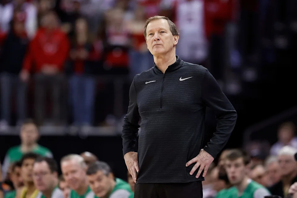 MADISON, WISCONSIN - FEBRUARY 22: Dana Altman head coach of the Oregon Ducks during the second half of the game against the Wisconsin Badgers at Kohl Center on February 22, 2025 in Madison, Wisconsin. (Photo by John Fisher/Getty Images)