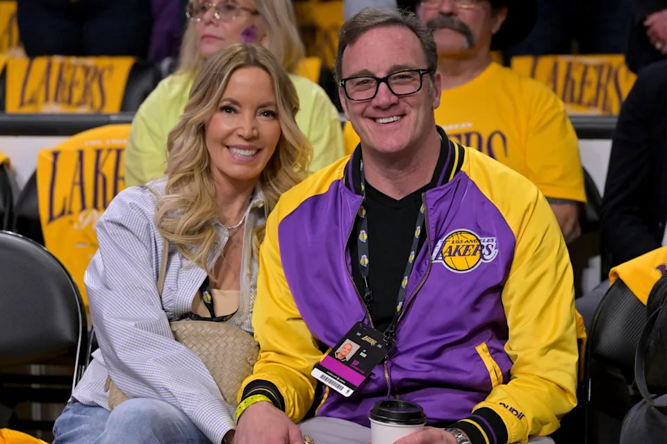 Apr 19, 2025; Los Angeles, California, USA; Los Angeles Lakers owner Jeanie Buss and husband Jay Mohr attend the game against the Minnesota Timberwolves at Crypto.com Arena. Mandatory Credit: Jayne Kamin-Oncea-Imagn Images