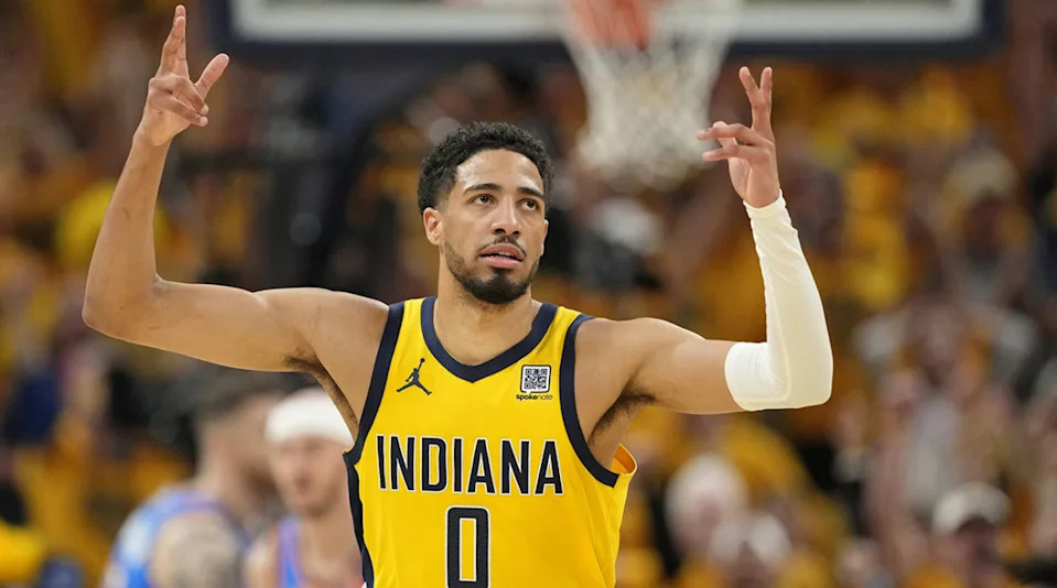 Indiana Pacers guard Tyrese Haliburton reacts after a play against the Oklahoma City Thunder during Game 6 of the 2025 NBA Finals at Gainbridge Fieldhouse on June 19, 2025.Kyle Terada-Imagn Images