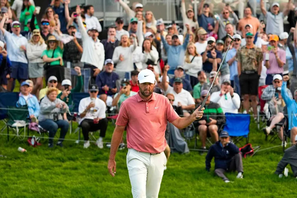 Scottie Scheffler reacts after sinking his putt on the 18th hole during the third round of the Memorial Tournament at Muirfield Village Golf Course on Saturday, May 31, 2025 in Dublin, Ohio.Samantha Madar&sol;Columbus Dispatch &sol; USA TODAY NETWORK via Imagn Images
