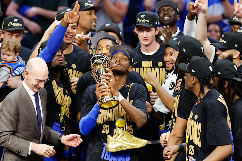 Jun 22, 2025; Oklahoma City, Oklahoma, USA; The Oklahoma City Thunder celebrate after winning game seven of the 2025 NBA Finals against the Indiana Pacers at Paycom Center. Mandatory Credit: Alonzo Adams-Imagn Images