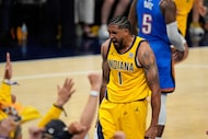 Indiana Pacers forward Obi Toppin (1) reacts to a basket against the Oklahoma City Thunder...