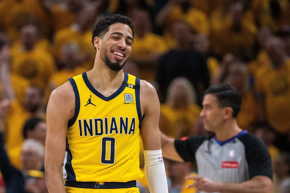 May 17, 2024; Indianapolis, Indiana, USA; Indiana Pacers guard Tyrese Haliburton (0) smiles during game six of the second round for the 2024 NBA playoffs against the New York Knicks at Gainbridge Fieldhouse. Mandatory Credit: Trevor Ruszkowski-USA TODAY Sports