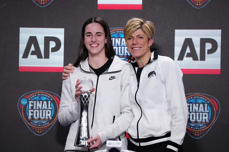 Former Iowa Hawkeyes guard Caitlin Clark and associate head coach Jan Jensen.Kirby Lee-USA TODAY Sports via Imagn Images.