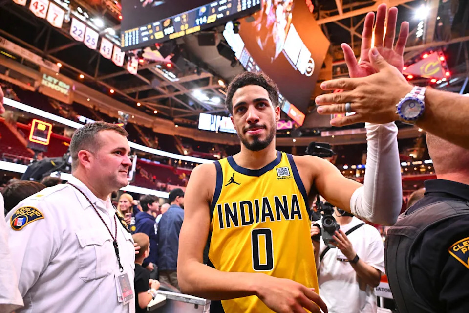 CLEVELAND, OHIO - MAY 13: Tyrese Haliburton #0 of the Indiana Pacers greets fans after defeating the Cleveland Cavaliers 114-105 in Game Five of the Eastern Conference Second Round NBA Playoffs at Rocket Arena on May 13, 2025 in Cleveland, Ohio.<p><a href="https://www.gettyimages.com/detail/2214962380" rel="nofollow noopener" target="_blank" data-ylk="slk:Jason Miller&sol;Getty Images;elm:context_link;itc:0;sec:content-canvas" class="link ">Jason Miller&sol;Getty Images</a></p>