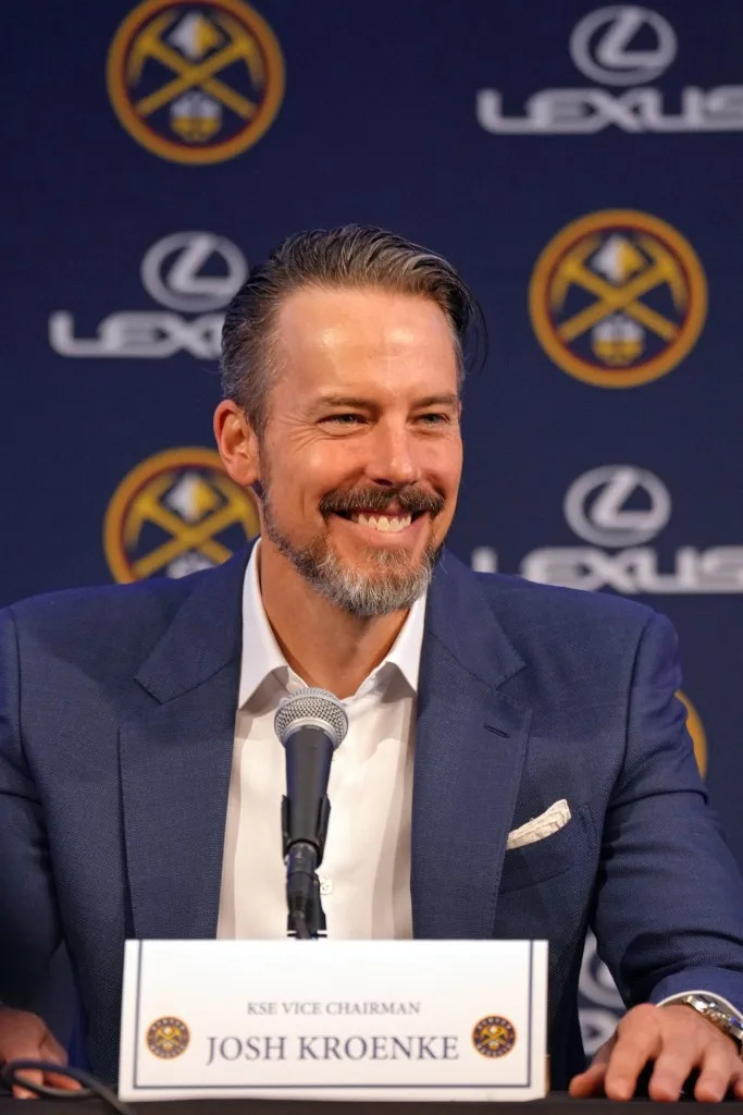 Josh Kroenke introduces David Adelman as Head Coach of the Denver Nuggets during a press conference on May 28, 2025 at Ball Arena in Denver, Colorado. NBAE via Getty Images
