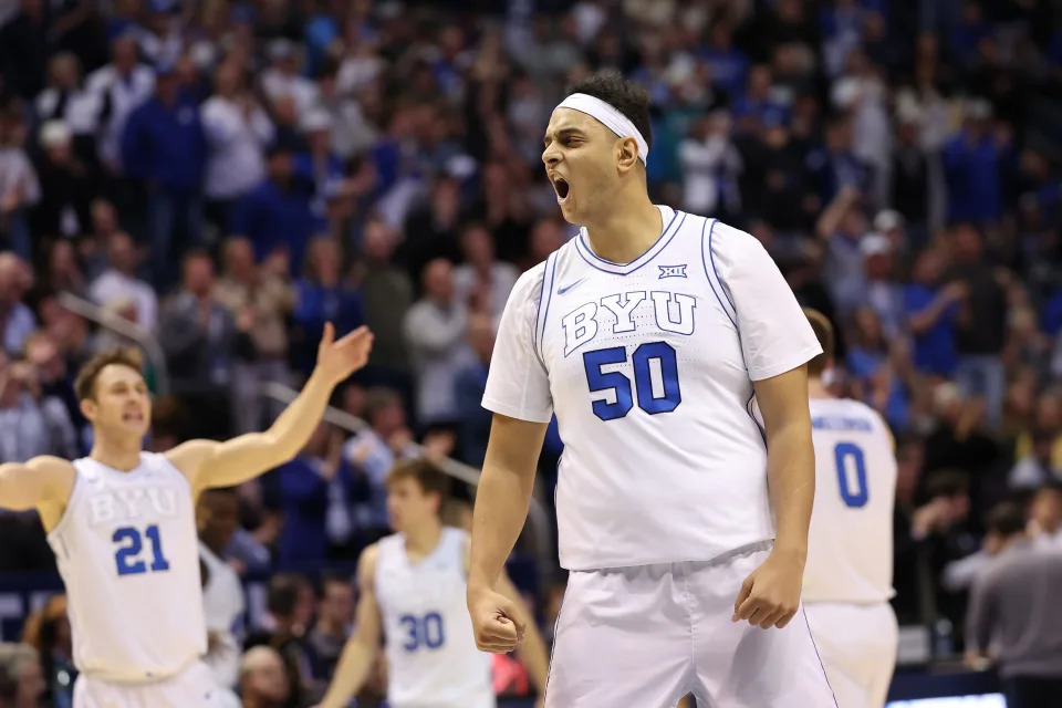 Feb 20, 2024; Provo, Utah, USA; Brigham Young Cougars center Aly Khalifa (50) reacts to a play against the Baylor Bears during the first half at Marriott Center. Mandatory Credit: Rob Gray-USA TODAY Sports