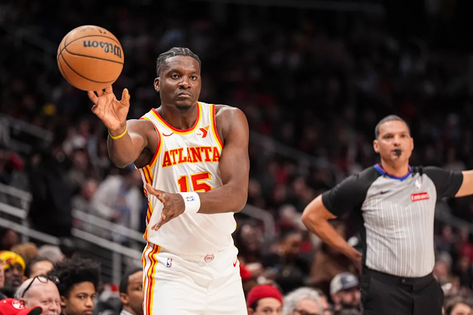 Jan 25, 2025; Atlanta, Georgia, USA; Atlanta Hawks center Clint Capela (15) inbounds the ball against the Toronto Raptors during the first half at State Farm Arena. Mandatory Credit: Dale Zanine-Imagn Images Mandatory Credit: Dale Zanine-Imagn Images