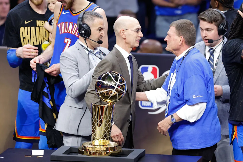 Jun 22, 2025; Oklahoma City, Oklahoma, USA; NBA commissioner Adam Silver with Oklahoma City Thunder owner Clay Bennett after winning game seven of the 2025 NBA Finals against the Indiana Pacers at Paycom Center. Mandatory Credit: Alonzo Adams-Imagn Images