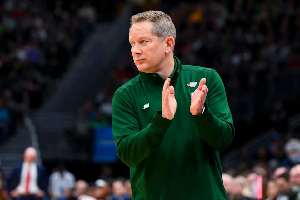 Mar 23, 2025; Seattle, WA, USA; Colorado State Rams head coach Niko Medved reacts against the Maryland Terrapins in the second half at Climate Pledge Arena. Mandatory Credit: Steven Bisig-Imagn Images