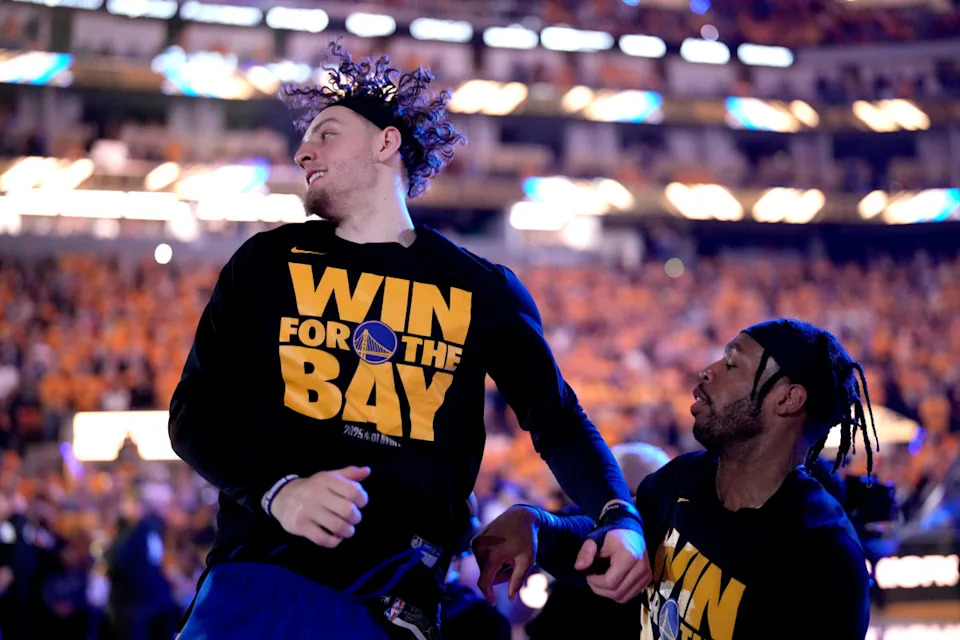 May 12, 2025; San Francisco, California, USA; Golden State Warriors guard Brandin Podziemski (2) is introduced before the start of the game against the Minnesota Timberwolves during game four of the second round for the 2025 NBA Playoffs at Chase Center. Mandatory Credit: Cary Edmondson-Imagn Images