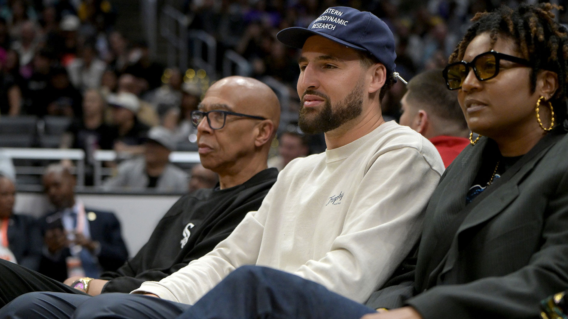 Former NBA player Mychal Thompson and his son Golden State Warriors Klay Thompson attend the game between the Los Angeles Sparks and the Indiana Fever at Crypto.com Arena. 