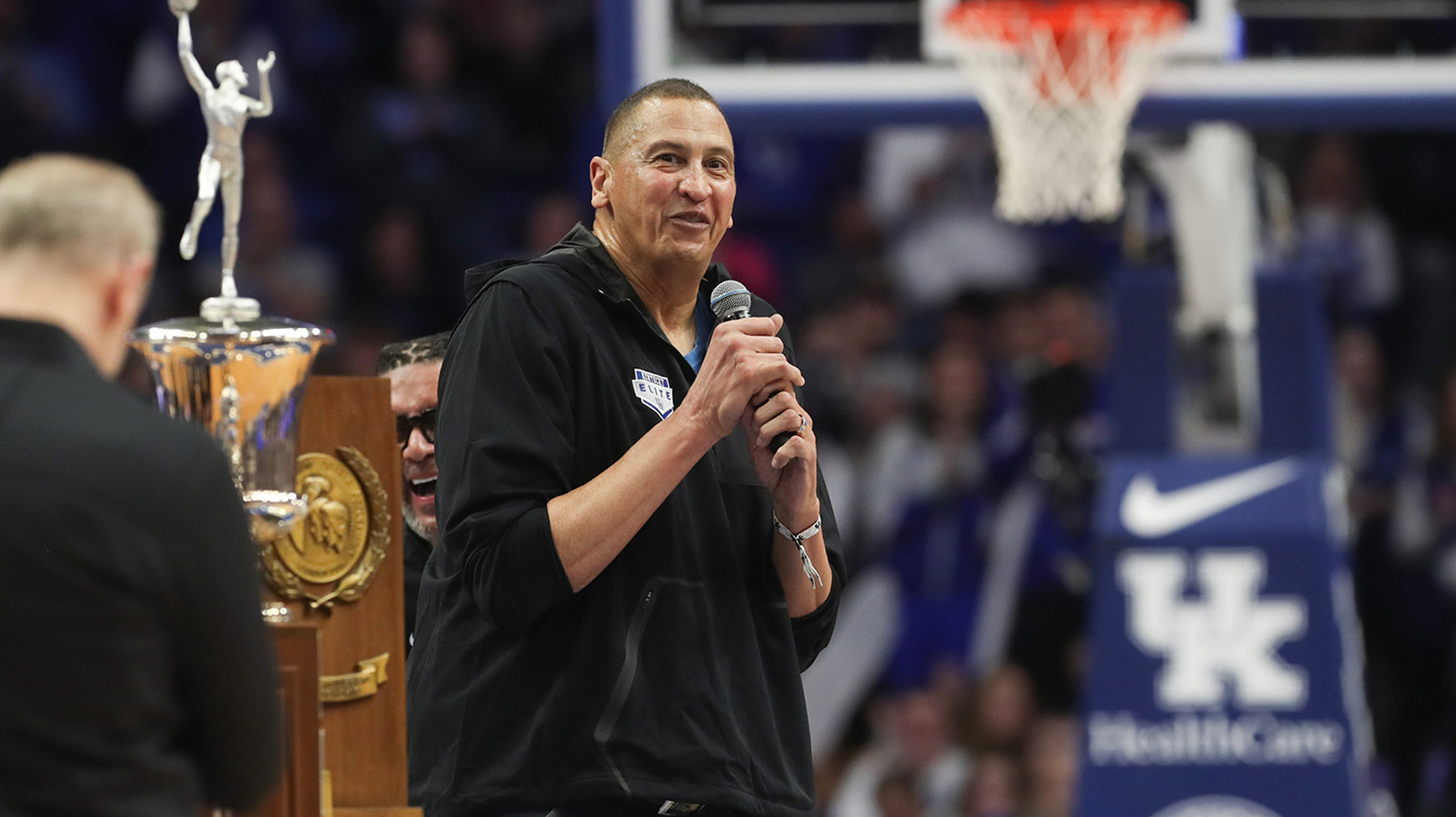 Kentucky s Sam Bowie talked to the fans at half against Georgia Saturday night at Rupp Arena. Jan. 20, 2024