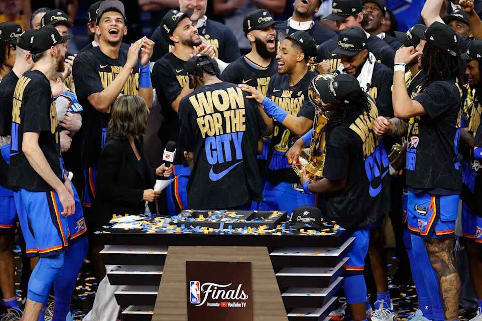 Jun 22, 2025; Oklahoma City, Oklahoma, USA; The Oklahoma City Thunder celebrate after winning game seven of the 2025 NBA Finals against the Indiana Pacers at Paycom Center. Mandatory Credit: Alonzo Adams-Imagn Images