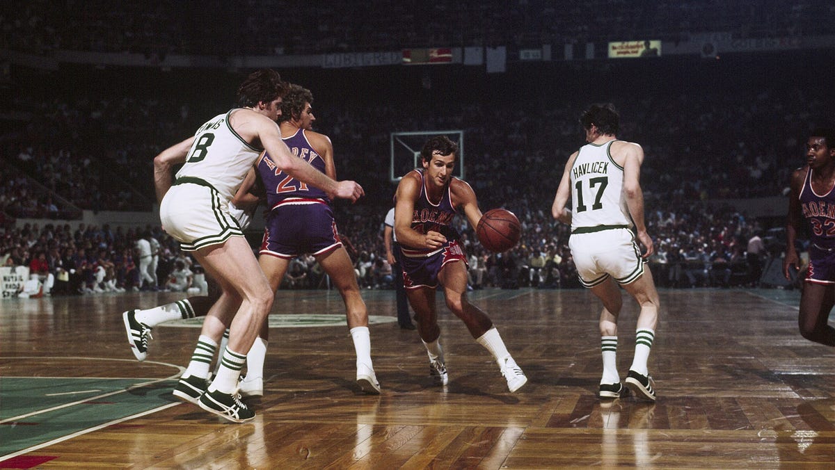 triple OT win vs. Suns in G5 '76 Finals; Chaney draft