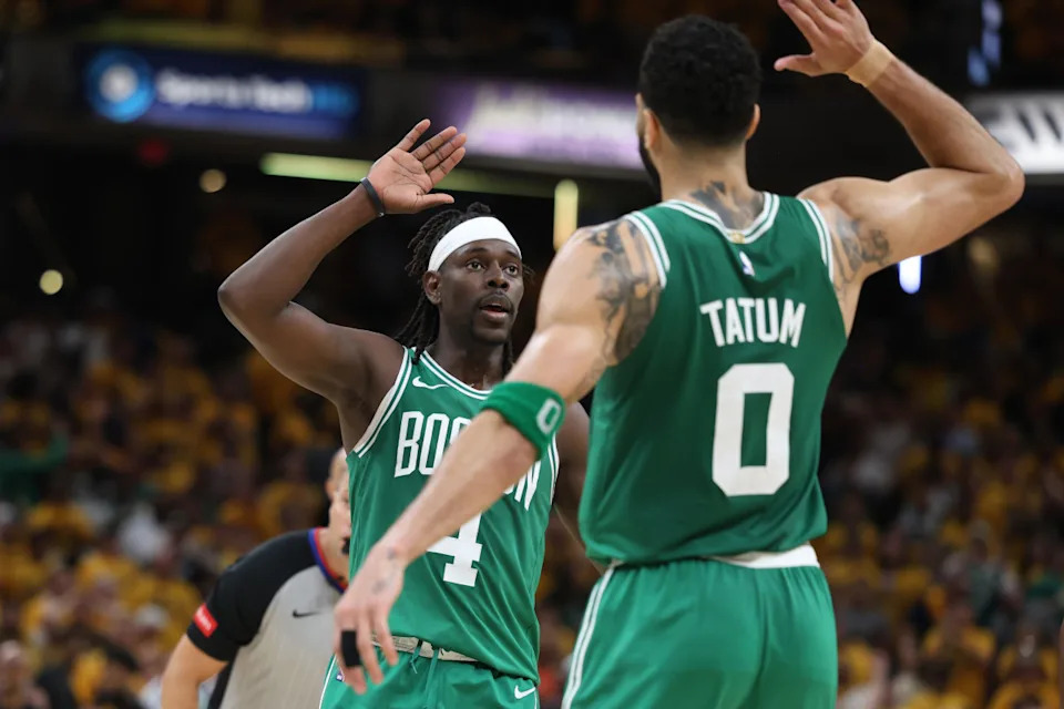 Boston Celtics guard Jrue Holiday (4) and forward Jayson Tatum (0).Trevor Ruszkowski-USA TODAY Sports