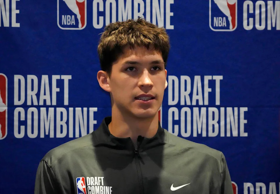 Egor Demin talks to the media during the 2025 NBA Draft Combine at Marriott Marquis Chicago.© David Banks-Imagn Images