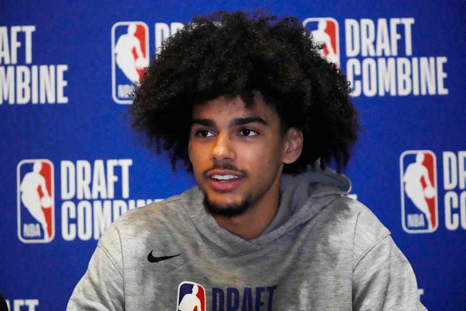 Asa Newell talks to the media during the 2025 NBA Draft Combine.David Banks-Imagn Images