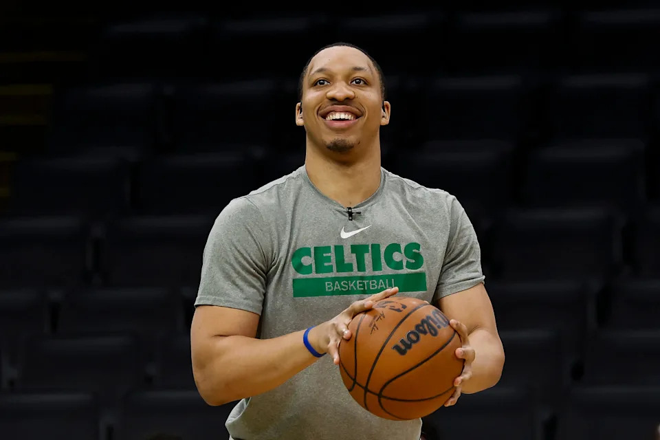 May 25, 2023; Boston, Massachusetts, USA; Boston Celtics forward Grant Williams (12) smiles as he warms-up prior to game five of the Eastern Conference Finals against the Miami Heat in the 2023 NBA playoffs at TD Garden. Mandatory Credit: Winslow Townson-USA TODAY Sports