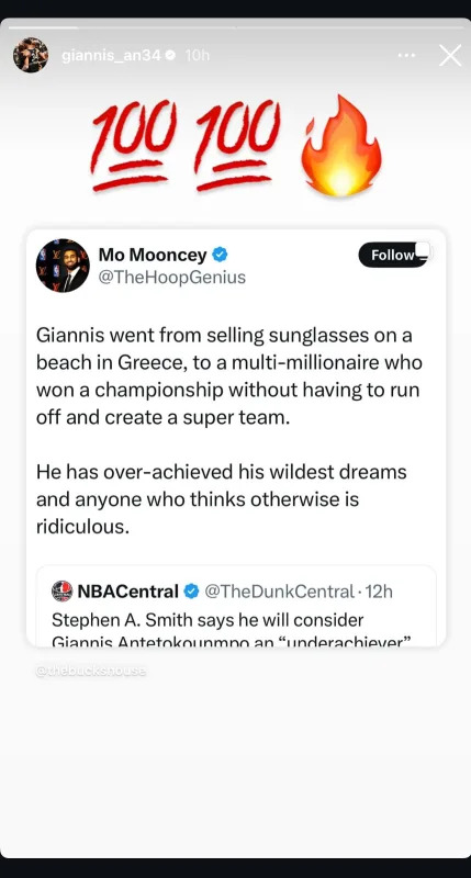 Giannis Antetokounmpo's reaction.https://www.instagram.com/stories/giannis_an34/